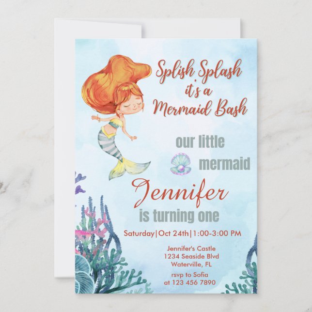 Invitation Splish Splash Orang Mermaid Bash Girl 1er annivers (Devant)