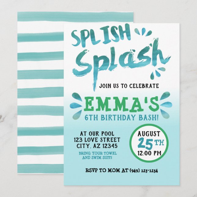 Invitation Splish Splash Park Party Summer Boy's Birthday (Devant / Derrière)