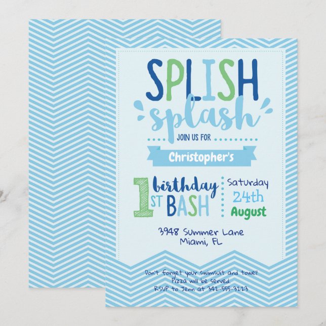 Invitation Splish Splash Pool Party 1er anniversaire Invitati (Devant / Derrière)