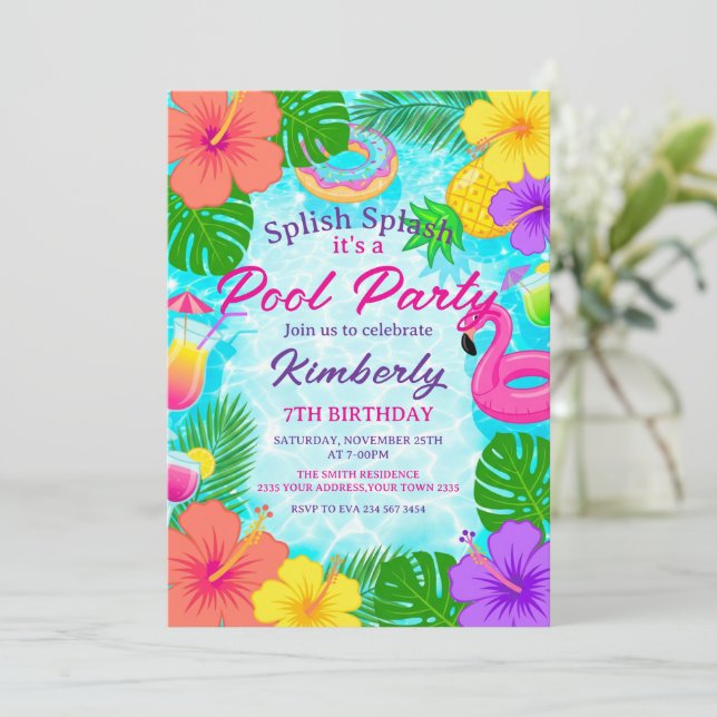 Invitation Splish Splash Pool Party Birthday (Debout devant)
