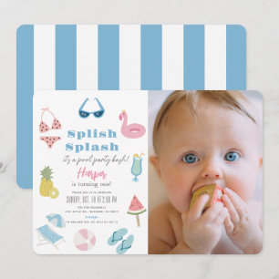 Invitation Splish Splash Pool Party Fille Photo 1er anniversa