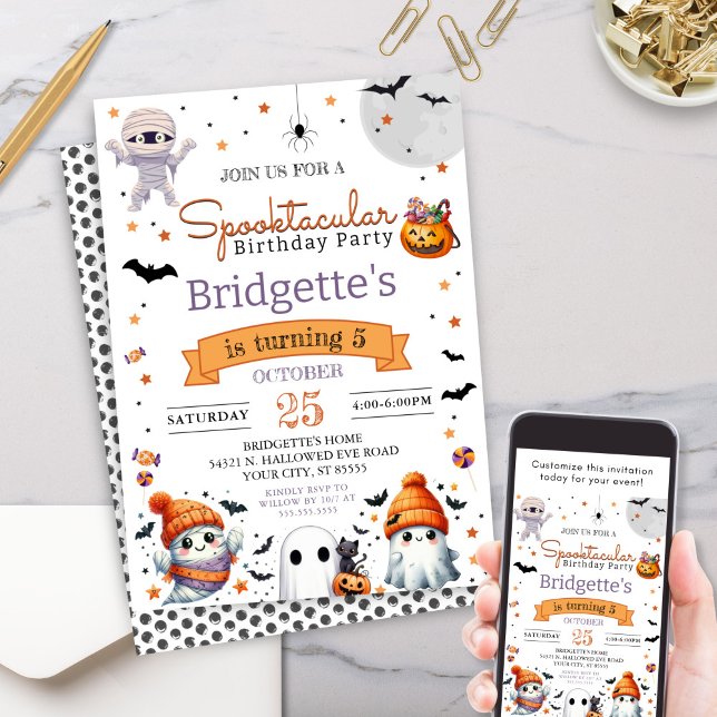 Invitation Spooktacular Ghost mignon Halloween fête d'anniver (Cute spooktacular halloween theme birthday party invitation with cute ghosts mummy spider and candy)