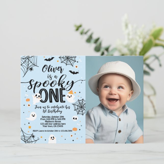 Invitation Spooky One Blue Ghost Halloween Invite with Photo (Debout devant)