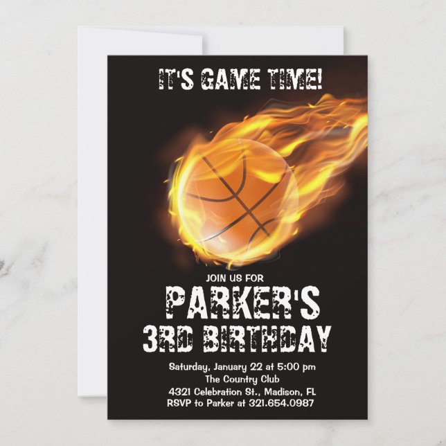Invitation Sport Thème Jeu Feu Basketball Noir Anniversaire (Devant)