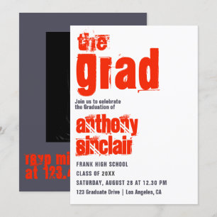Invitation Sportlet Scarlet and Grey Typography Grad Photo