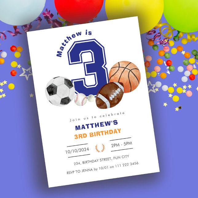 Invitation Sports 3e athlète garçon Anniversaire (Sports 3rd Boy Athlete Birthday Invitation)