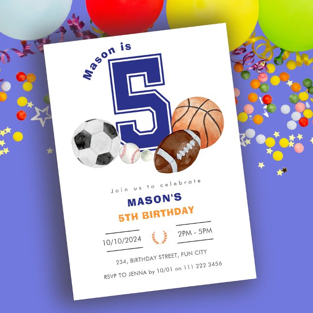 Invitation Sports 5e athlète garçon Anniversaire (Sports 5th Boy Athlete Birthday Invitation)