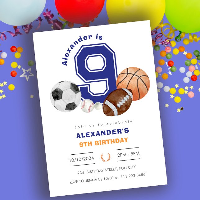 Invitation Sports 9e athlète garçon Anniversaire (Sports 9th Boy Athlete Birthday Invitation)