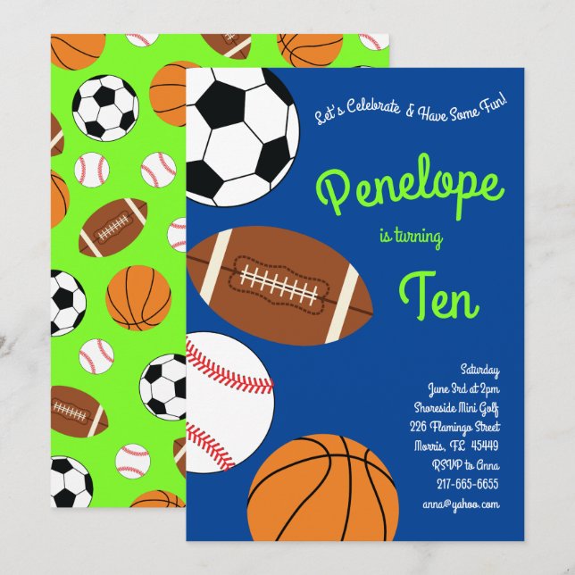 Invitation Sports Anniversaire Fête Enfants mignonne (Devant / Derrière)