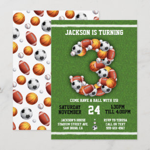 Invitation Sports Balles à thème 3e anniversaire Fête Invitat