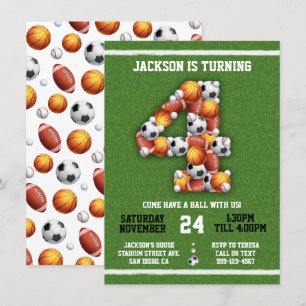 Invitation Sports Balles à thème 4e anniversaire Fête Invitat