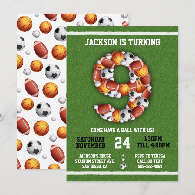 Invitation Sports Balles à thème 9e Anniversaire Fête Invitat (Devant / Derrière)