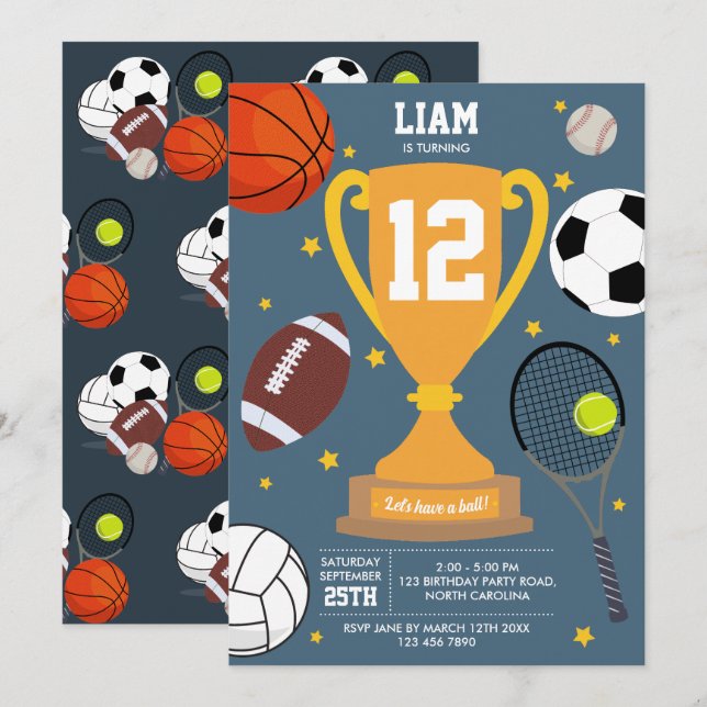 Invitation Sports Balles sportives Enfants Bleu Anniversaire (Devant / Derrière)