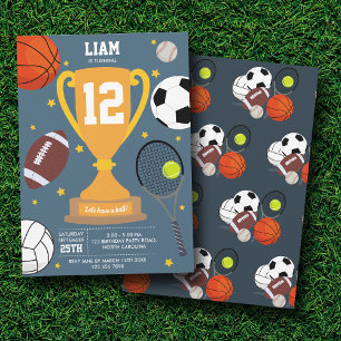 Invitation Sports Balles sportives Enfants Bleu Anniversaire