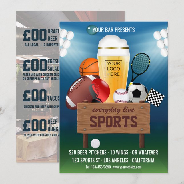 Invitation Sports Bar Event Promo Menu ajouter photo et logo (Devant / Derrière)