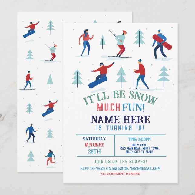 Invitation Sports d'hiver Fête d'anniversaire Ski Snowboard (Devant / Derrière)