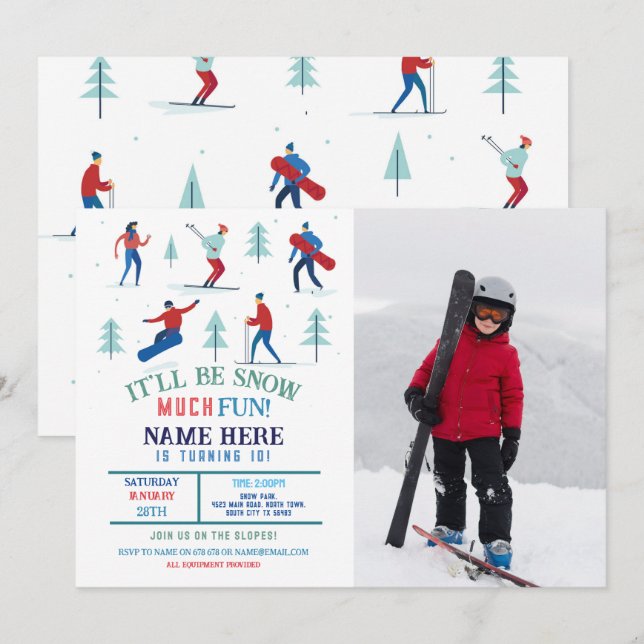 Invitation Sports d'hiver Fête d'anniversaire Ski Snowboard P (Devant / Derrière)