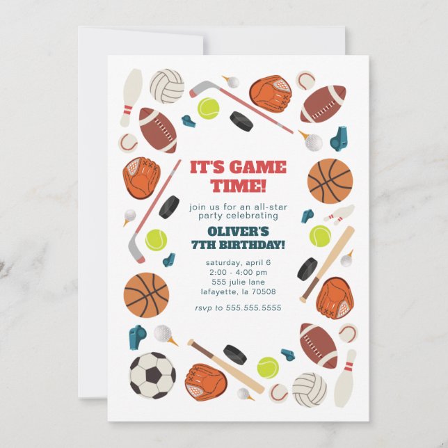 Invitation Sports Game Time All Star Anniversaire Party (Devant)