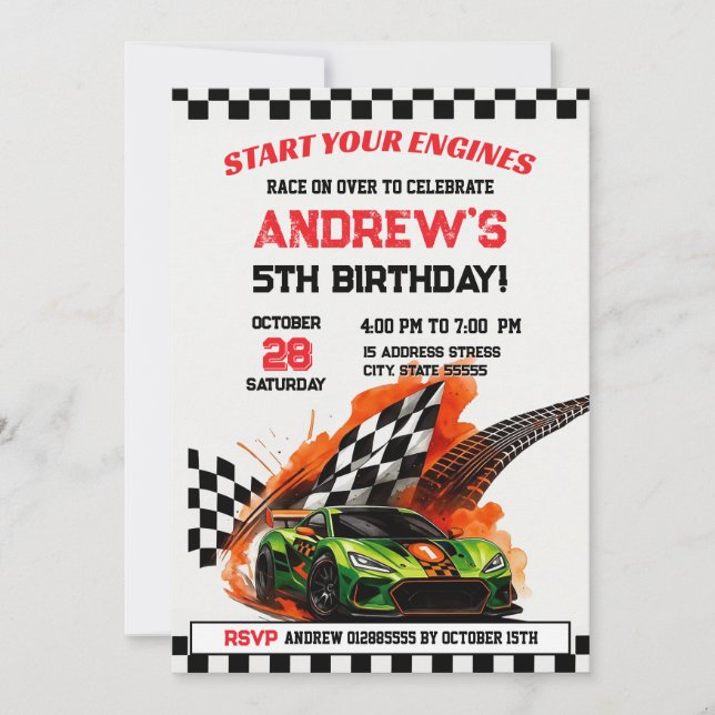 Invitation Sports personnels Course voiture fête d'anniversai (Devant)