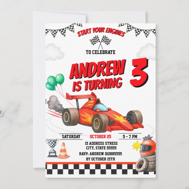 Invitation Sports personnels garçon Course voiture Anniversai (Devant)