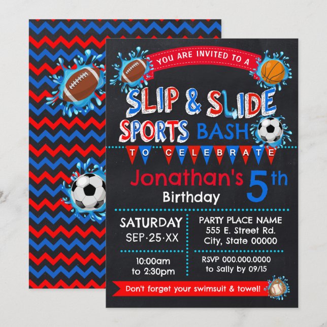 Invitation Sports Slide et Slide Anniversaire Basse Rouge Ble (Devant / Derrière)