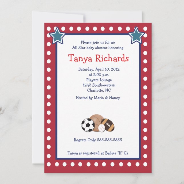 Invitation Sports Toutes les étoiles Red Border Baby shower I (Devant)