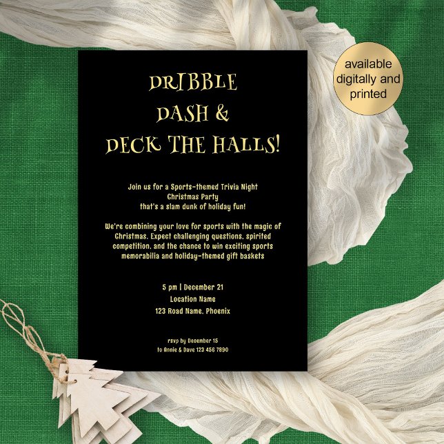Invitation Sports Trivia Thème Gold Black Christmas Party (Available digitally or printed for your festive sports trivia quiz night or edit as desired!)