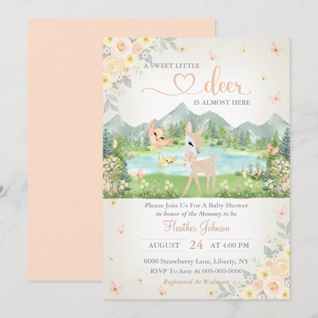 Invitation Spring Bloom and Butterflies Deer Baby Shower  (Devant / Derrière)