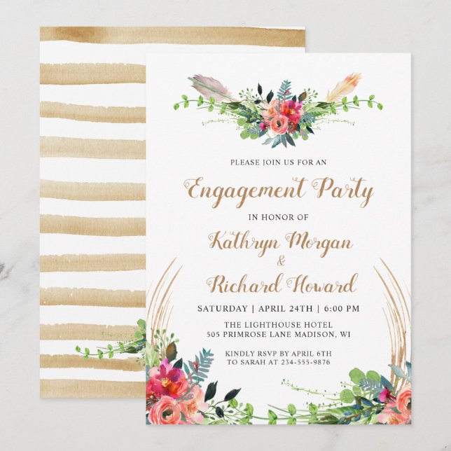 Invitation Spring Boho Country Floral Garden Engagement Party (Devant / Derrière)