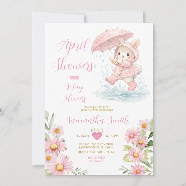 Invitation Spring Bunny Rain Boots Pink Floral April Showers  (Devant)