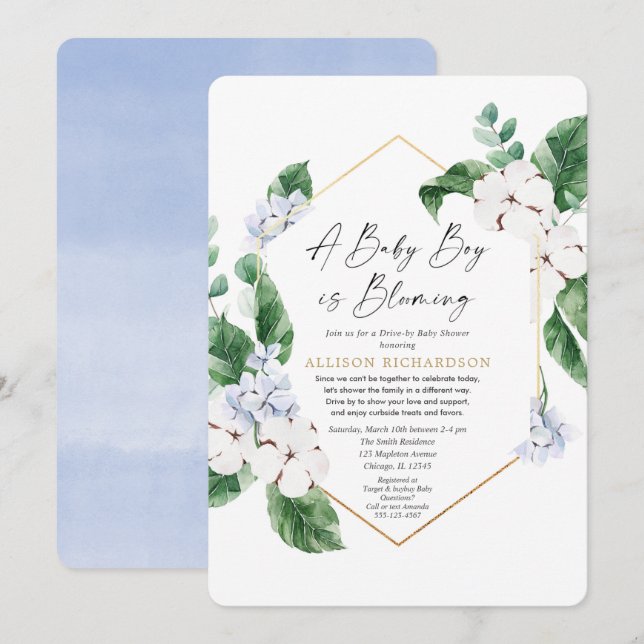 Invitation Spring Drive by baby shower baby boy floraison (Devant / Derrière)