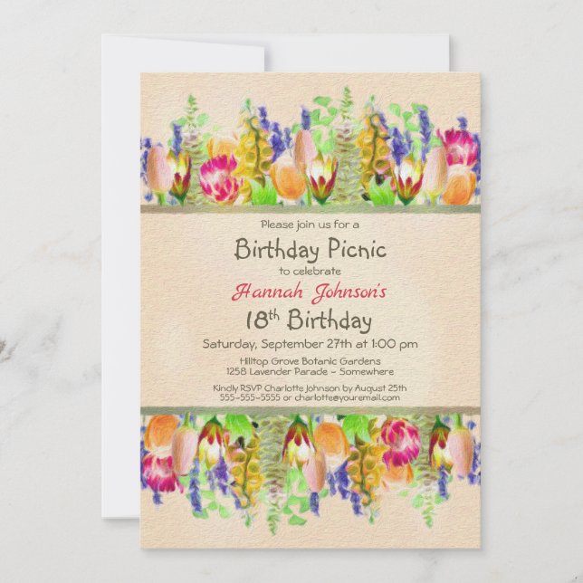 Invitation Spring Floral 18e fête de pique-nique d'anniversai (Devant)
