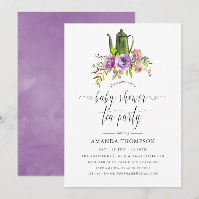 Invitation Spring Floral Baby shower d'aquarelle Tea Party (Devant / Derrière)