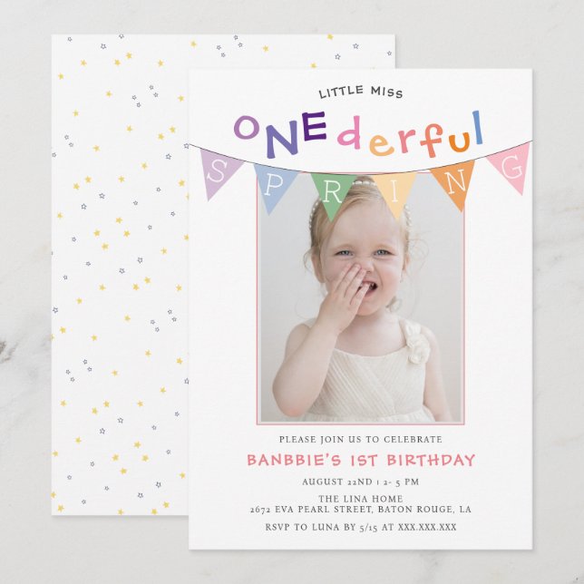 Invitation Spring Little Miss Onederful Photo 1er anniversair (Devant / Derrière)