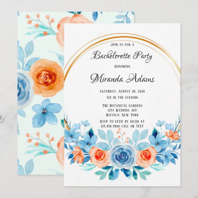 Invitation Spring Paint Blue Orange Floral Bachelorette Party (Devant / Derrière)