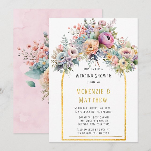 Invitation Spring Pastel Floral Bouquet Arch Wedding shower (Devant / Derrière)