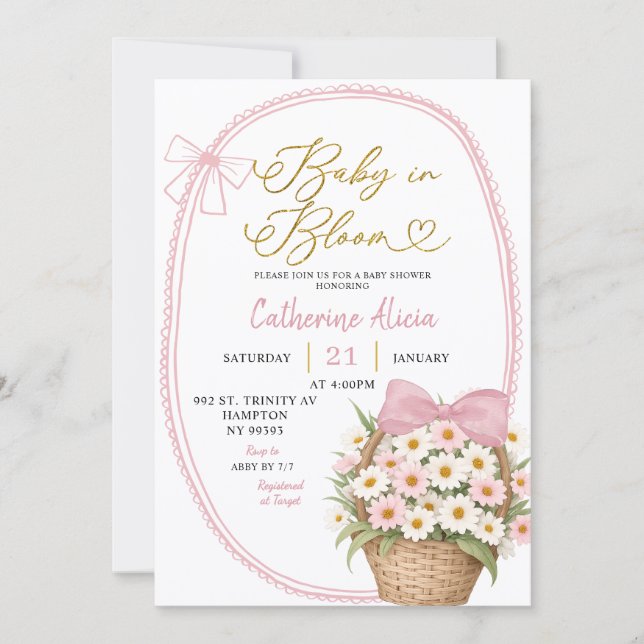 Invitation Spring Pink Bow Daisy Baby in Bloom Baby Shower (Devant)