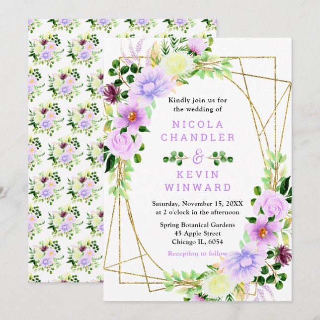Invitation Spring Purple Flowers with Foliage Wedding (Devant / Derrière)