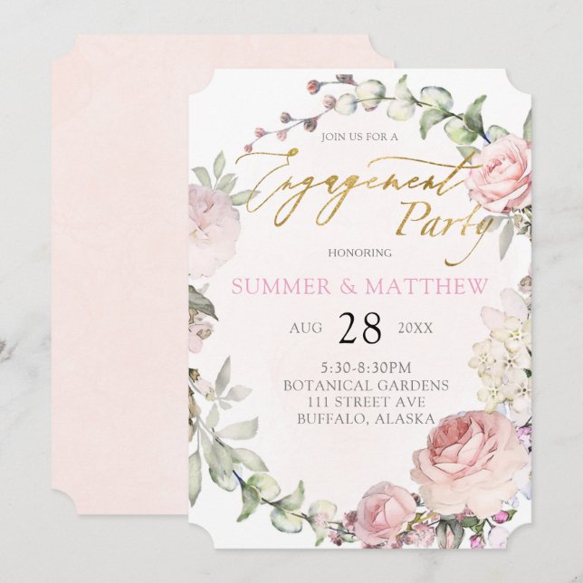 Invitation Spring Rose Roses Peony Gold Foil (Devant / Derrière)