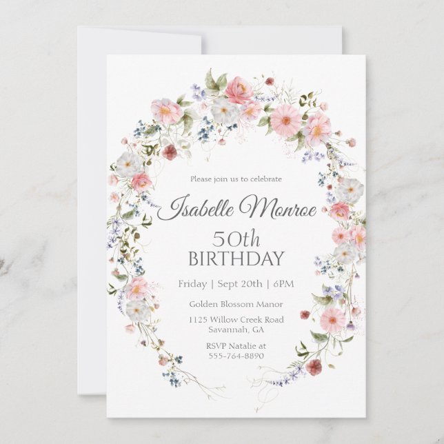 Invitation Spring Wildflowers Purple Pink 50th Birthday  (Devant)