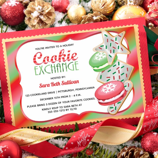 Invitation Sprinkings mignons | Parti d'échange de cookies Ma (Cute Sprinkles Macarons Cookie Exchange Christmas Holiday Party Invitation)