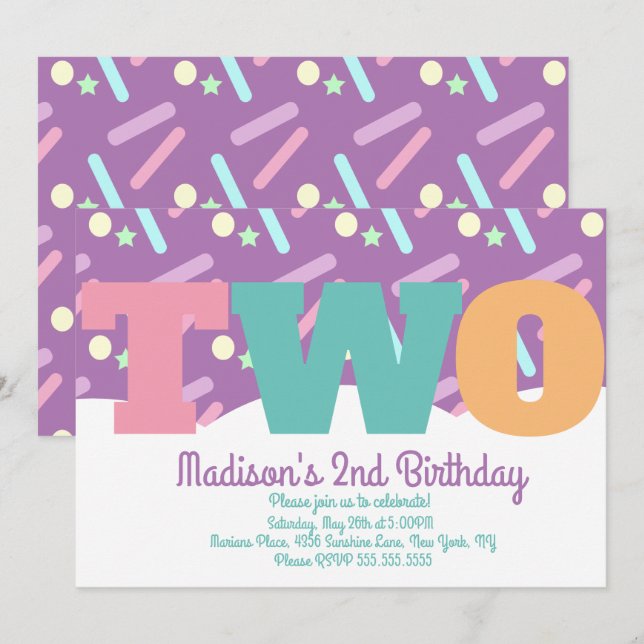 Invitation Sprinkles Turin Deux Anniversaire Pastel Confetti (Devant / Derrière)
