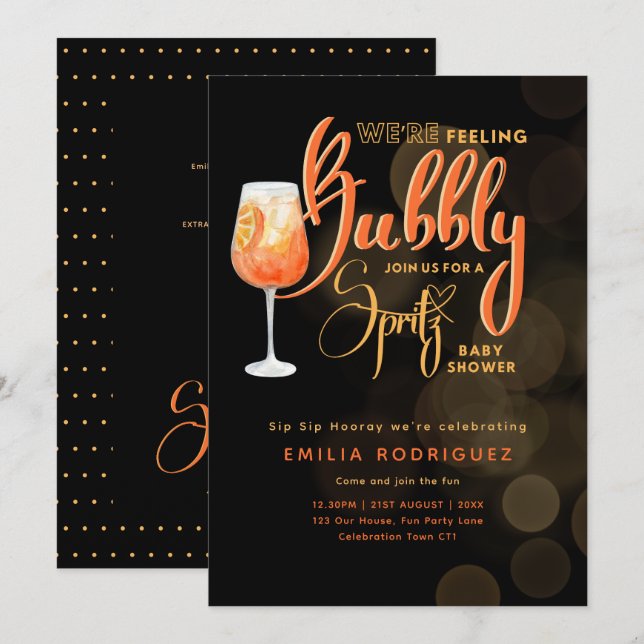 Invitation Spritz Baby shower garçon ou fille Black Orange (Devant / Derrière)