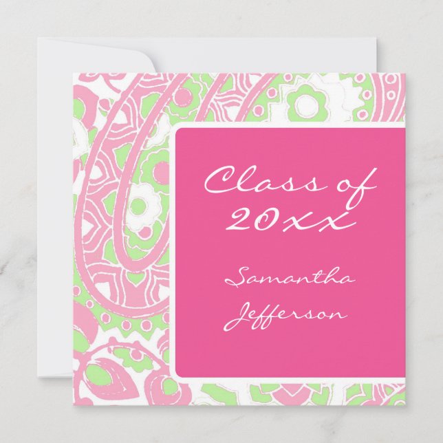 Invitation Sqare Pink Green Paisley Graduation/Fête (Devant)