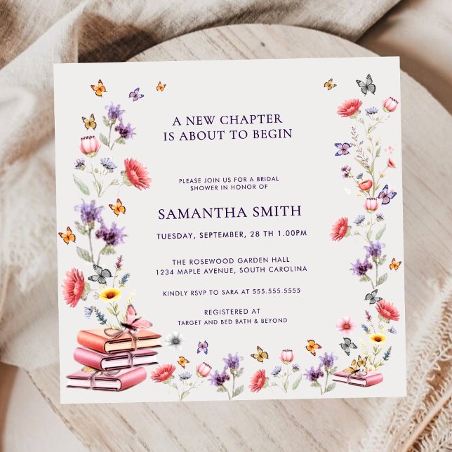 Invitation Square Poppy & Lavender Book Theme Bridal Shower (Square poppy & lavender bridal shower invitation — elegant floral storybook design.)
