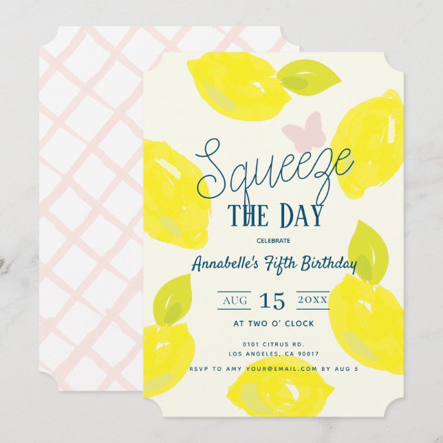 Invitation Squeeze Day Citron Citrus Girl Birthday (Devant / Derrière)