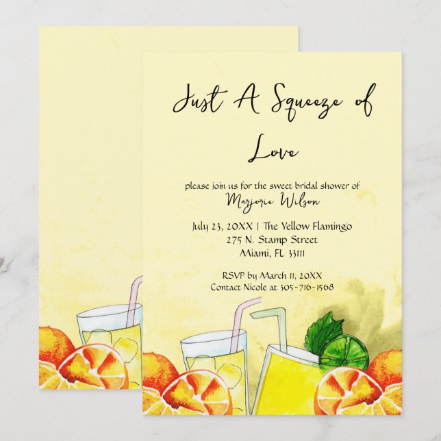 Invitation Squeeze of Love Lemonade Citron Citrus Bride Party (Devant / Derrière)