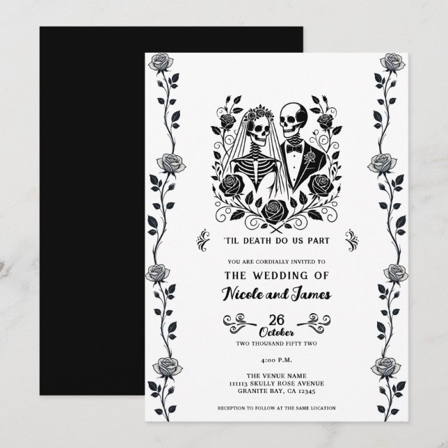 Invitation Squelette blanc noir Rose Floral Mariage de la vig (Devant / Derrière)