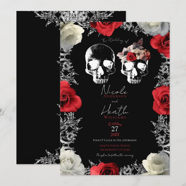 Invitation Squelette Crâne Rouge Blanc Roses Mariage gothique (Devant / Derrière)