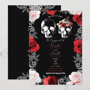 Invitation Squelette Crâne Rouge rose Roses Fiançailles gothi